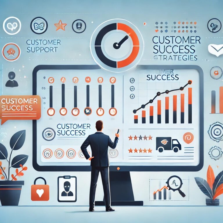 DALL·E 2025-03-16 15.23.36 - A modern business illustration showing customer success strategies. The image features a professional analyzing customer feedback on a large screen, w