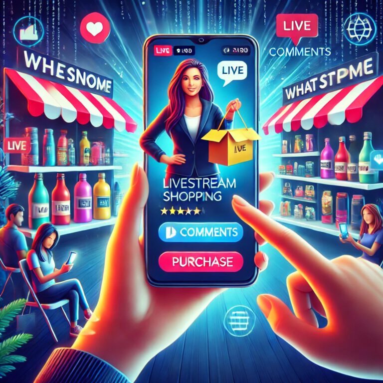 DALL·E 2025-03-16 15.24.51 - A dynamic digital illustration showcasing livestream shopping on a platform like Whatnot. The image features a seller presenting products via a live v