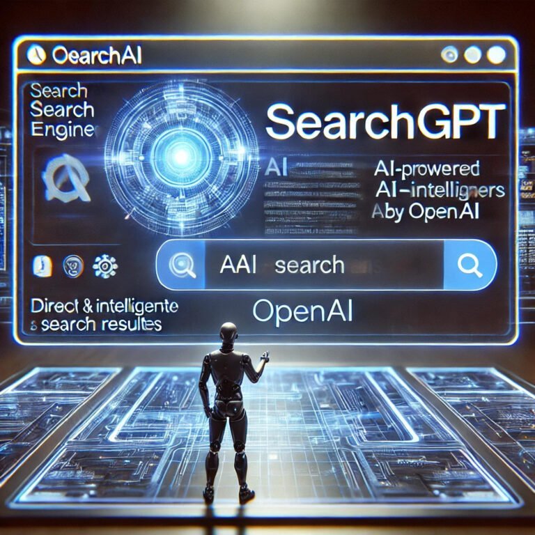 DALL·E 2025-03-16 15.26.38 - A futuristic digital illustration of an AI-powered search engine called SearchGPT by OpenAI. The image features a sleek, modern interface displaying A