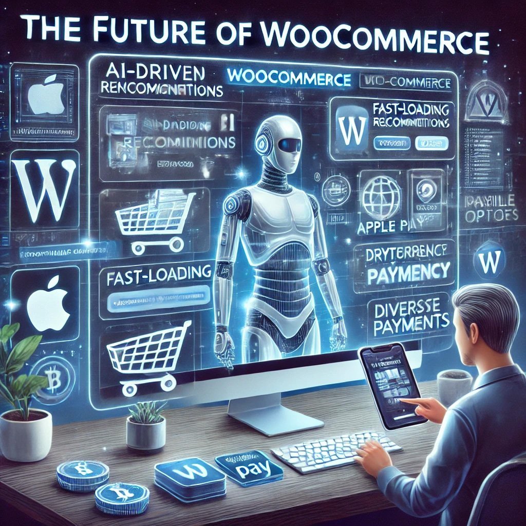 DALL·E 2025-03-16 15.28.58 - A modern digital illustration showcasing the future of WooCommerce for online stores. The image features a futuristic e-commerce interface with AI-dri