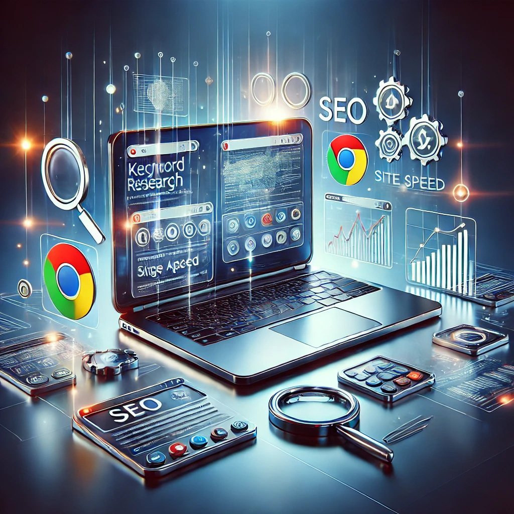 DALL·E 2025-03-16 15.31.00 - A modern digital illustration showcasing the best Chrome extensions for SEO. The image features a sleek laptop screen displaying multiple SEO tools li